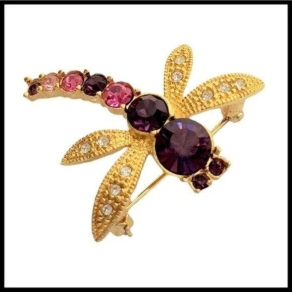 Vintage Dragonfly Brooch Pin‎ Pink Purple Clear Rhinestones